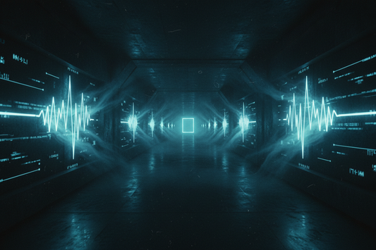 Dark symmetrical corridor with neon cyan frequency wave patterns encoded on the walls and light at the far end — Exoticool Transmission 002, the signal was always broadcasting