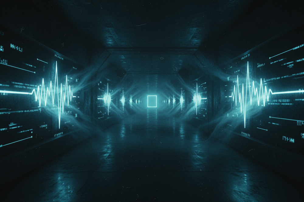 Dark symmetrical corridor with neon cyan frequency patterns and distant light for Exoticool Transmission 002, The Signal Was Always There
