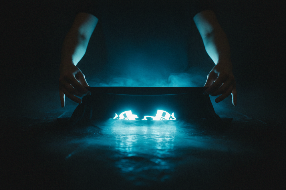 Hands revealing a black graphic T-shirt glowing with cyan light for Exoticool Transmission 003, What You Wear Is What You Become