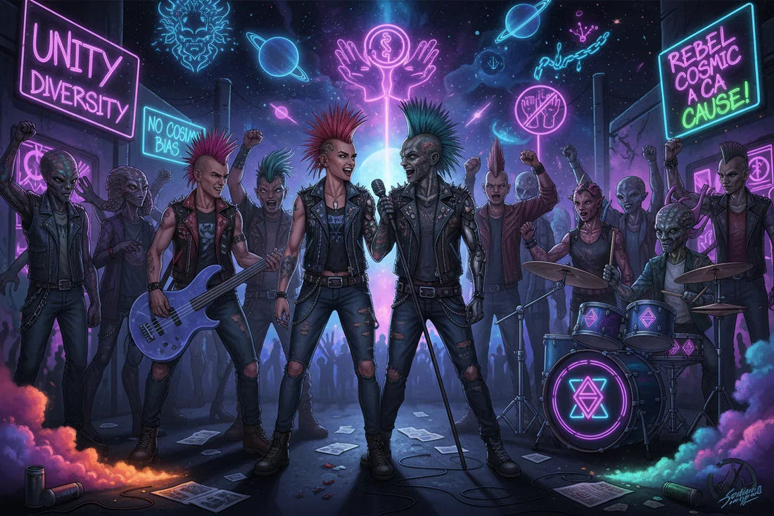 Alien punk rock band performing live, neon signs read 'Unity Diversity' and 'Rebel Cosmic Cause'.