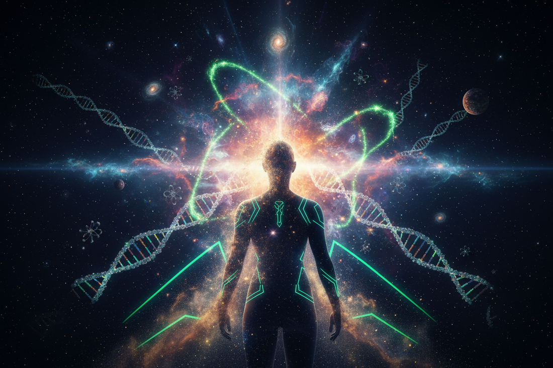Human consciousness emerging from cosmic stardust with galaxies and neon energy patterns - visualizing the universe becoming self-aware