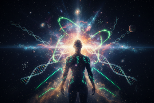 Human consciousness emerging from cosmic stardust with galaxies and neon energy patterns - visualizing the universe becoming self-aware