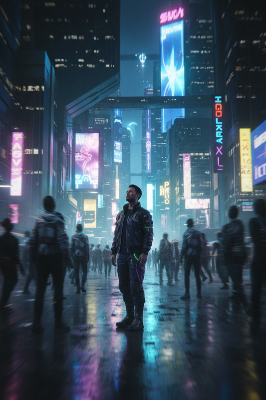 Solitary figure in dark cyberpunk techwear standing apart from a blurred motion-streaked crowd in a rainy futuristic city at night — purple and green neon glow, introspective mood | Exoticool