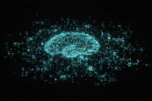 A cosmic neural network — glowing cyan nodes and connection lines floating in deep black space, fragments of data traveling between them, a hidden pattern becoming visible. Perfect synthesis image for the post that ties everything together