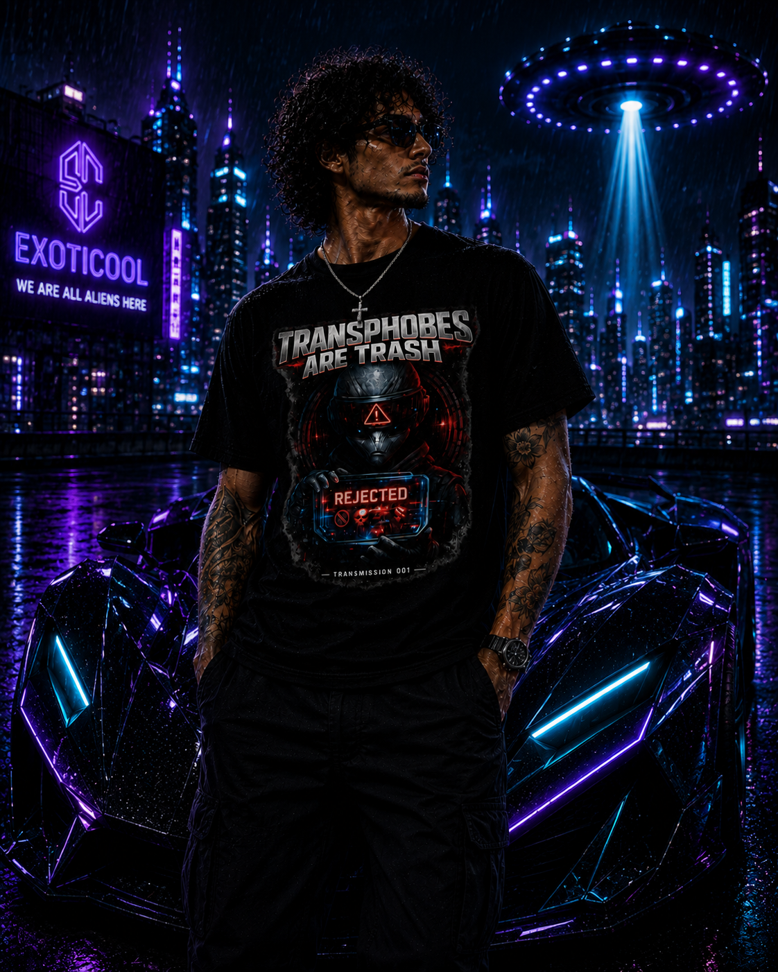 Close-up of the Exoticool "Transphobes Are Trash" alien streetwear t-shirt with the signature Exoticool futuristic hypercar, neon city skyline, and UFO in a cinematic cyberpunk setting.