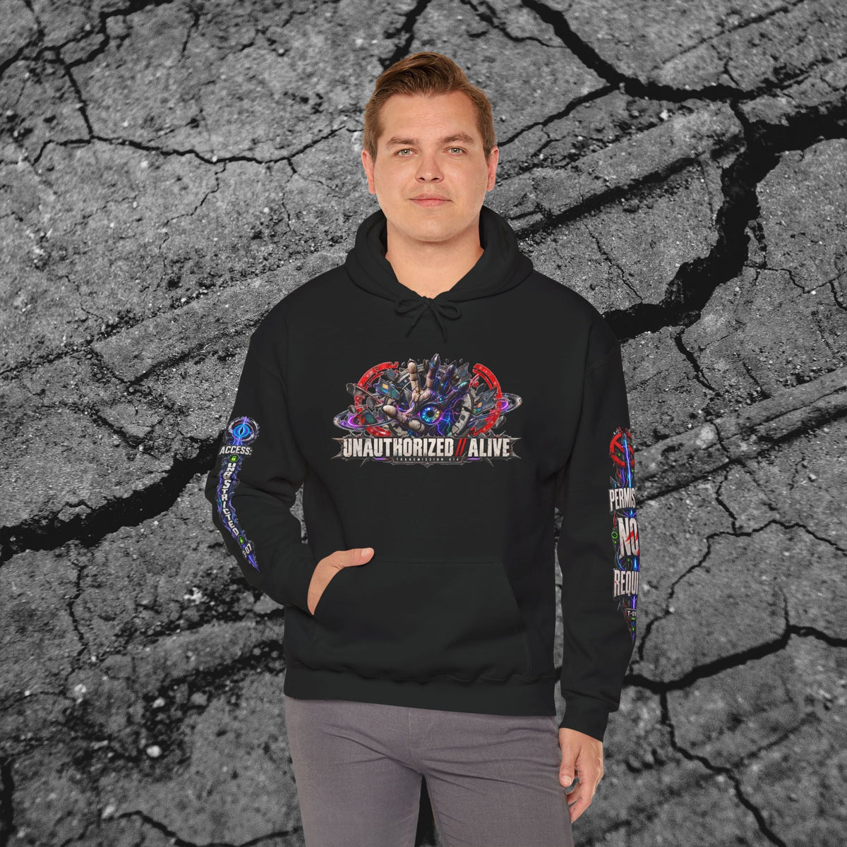 Model wearing The Future Does Not Need Permission black cyberpunk graphic hoodie from the front
