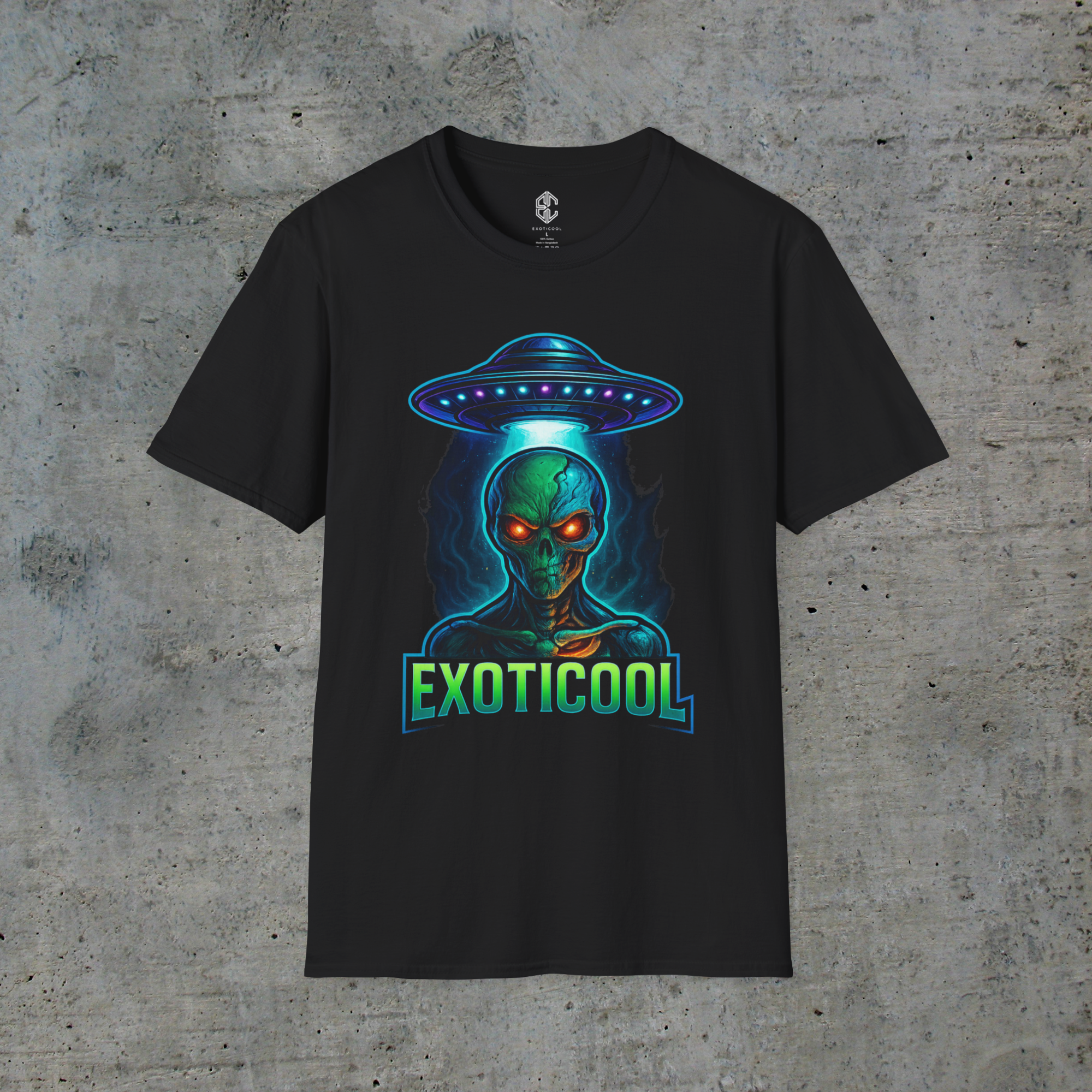 Front view of black They Don’t Want You to Know alien signal graphic tee with UFO and green alien artwork