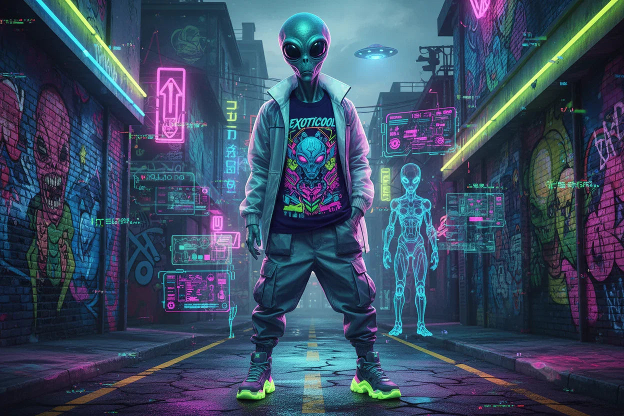 Alien wearing EXOTICOOL merch in neon-lit urban alley with sci-fi graffiti and holograms