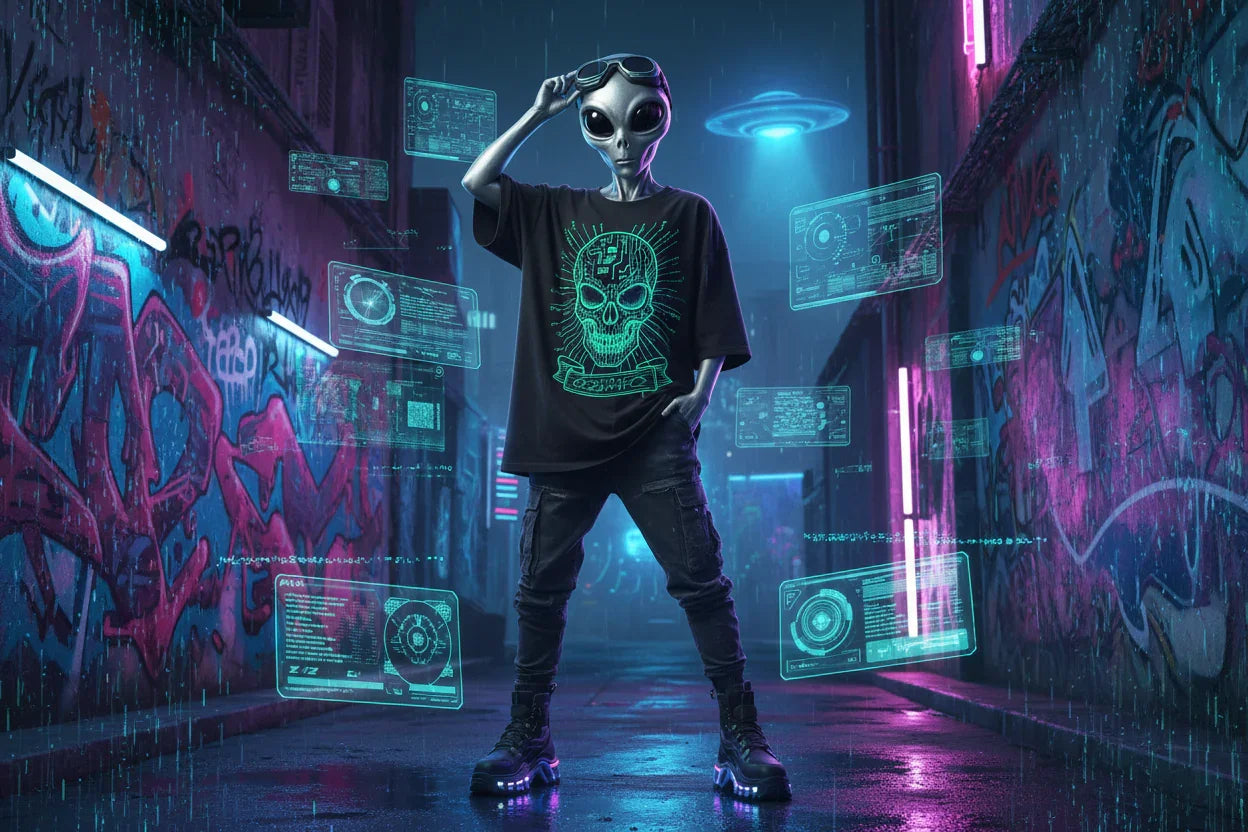 Alien in graphic tee with neon skull design stands in graffiti alley, futuristic HUD, UFO overhead