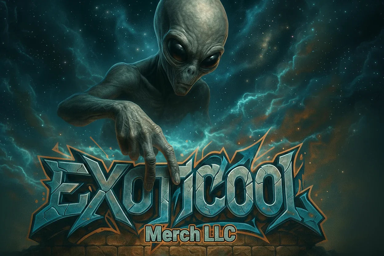 Alien with large eyes above 'Exoticool Merch LLC' graffiti logo in space-themed background