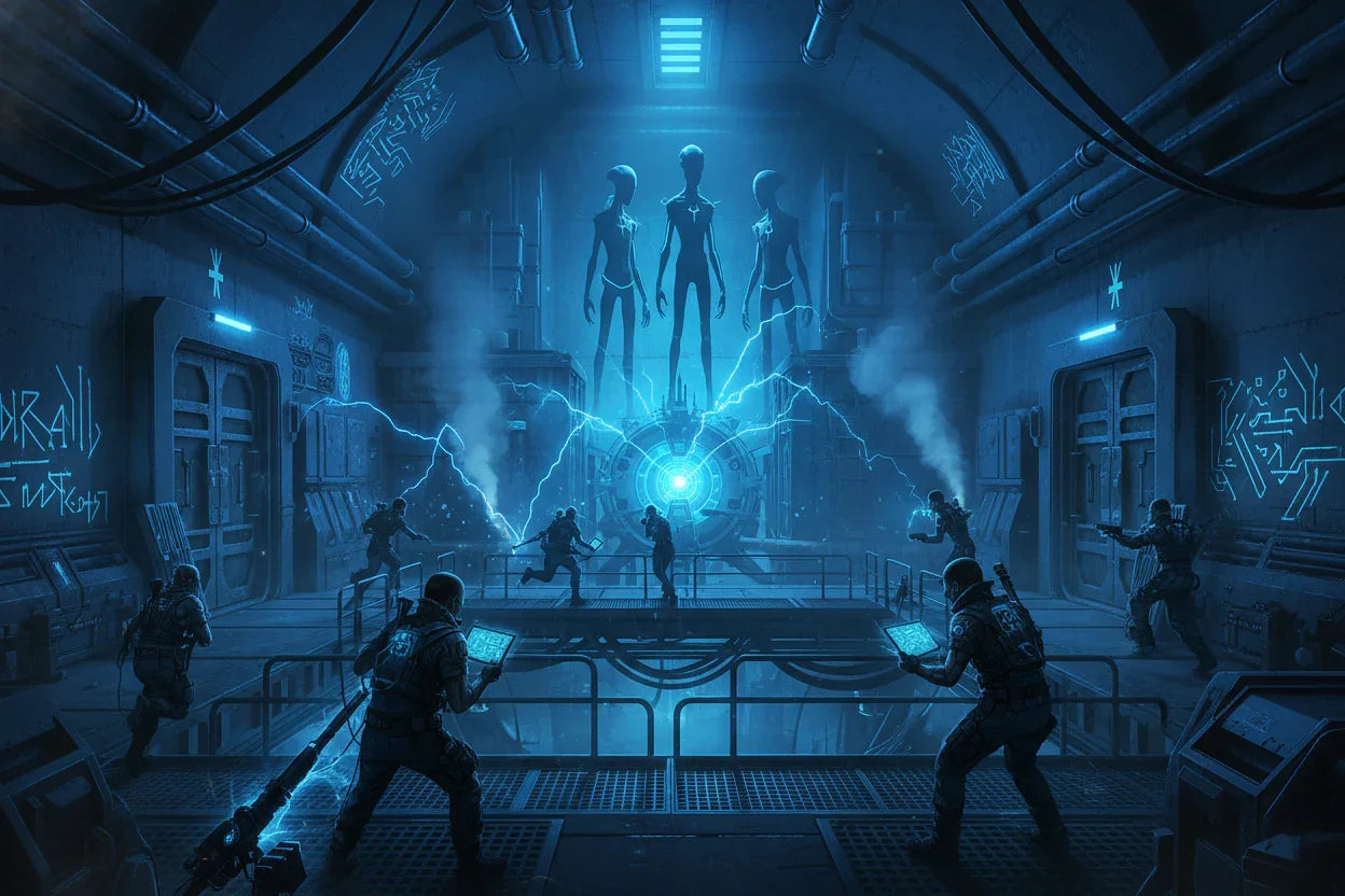 Futuristic sci-fi lab with soldiers, energy portal, and three tall alien figures