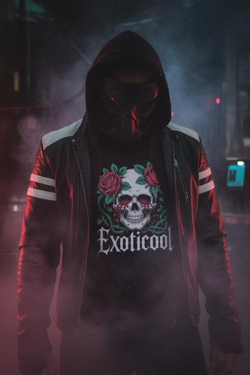 Exoticool-System-Glitch-Alien-Streetwear-Tee-Masked-Figure-Cyberpunk-Street-Neon-Fog