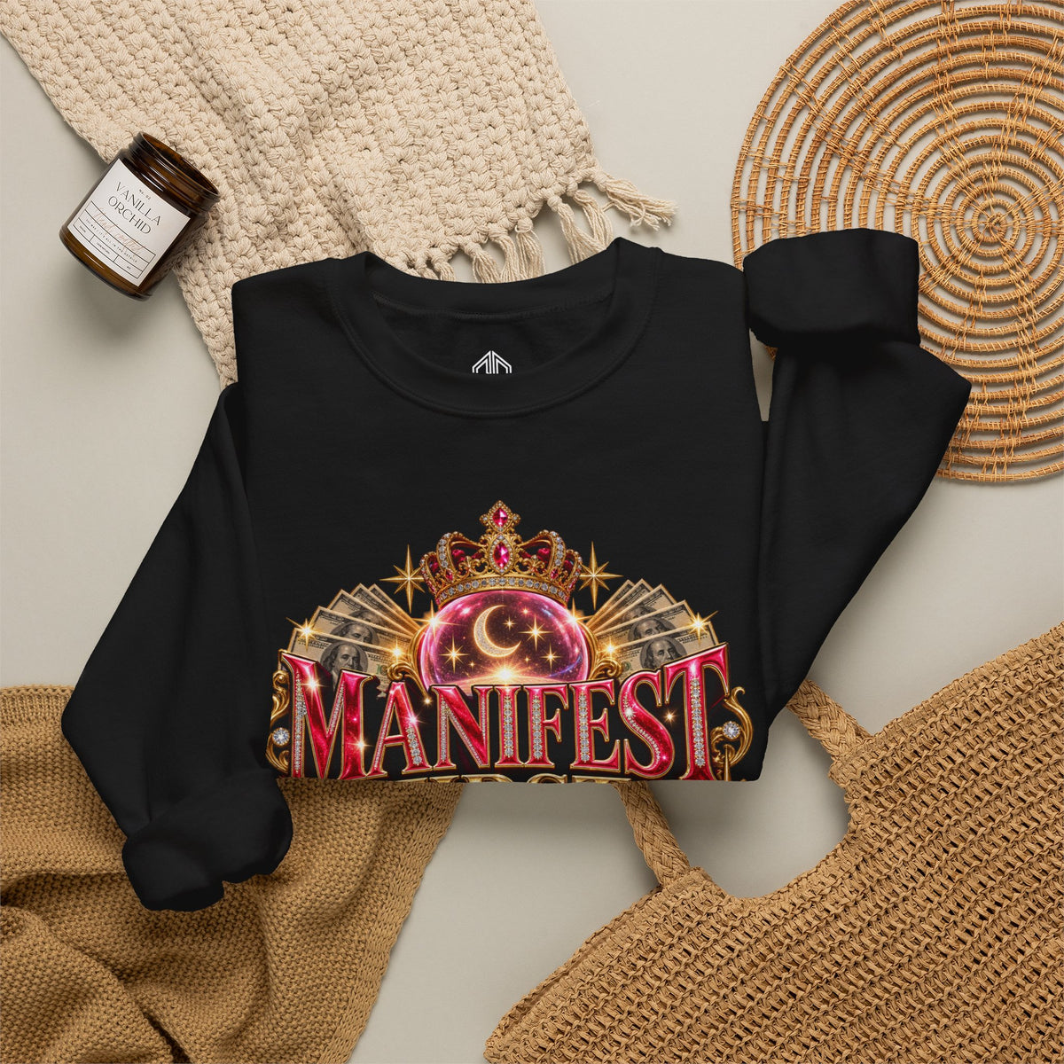 Manifest First, Panic Later black crewneck sweatshirt styled flat with accessories and jewel-inspired artwork