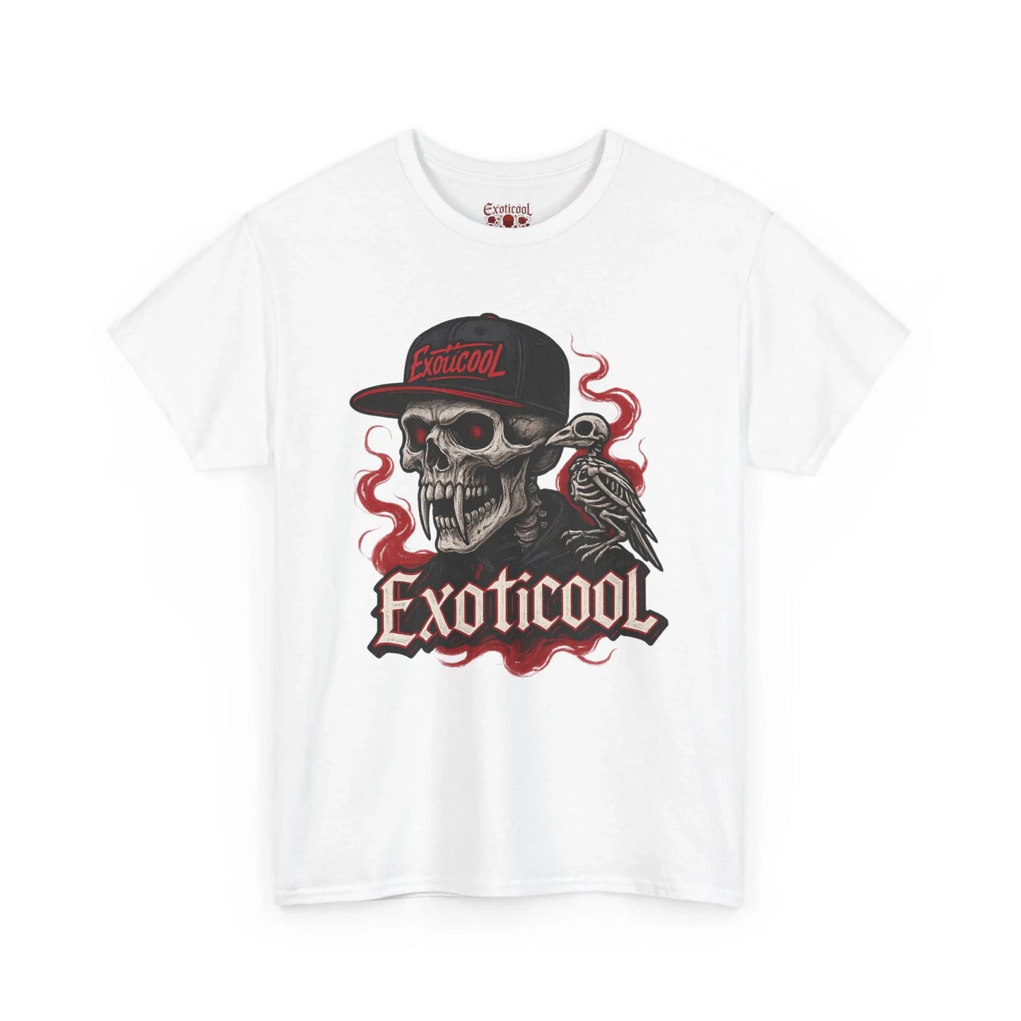 White t-shirt with skull in cap, raven, red smoke, and Exoticool gothic logo design