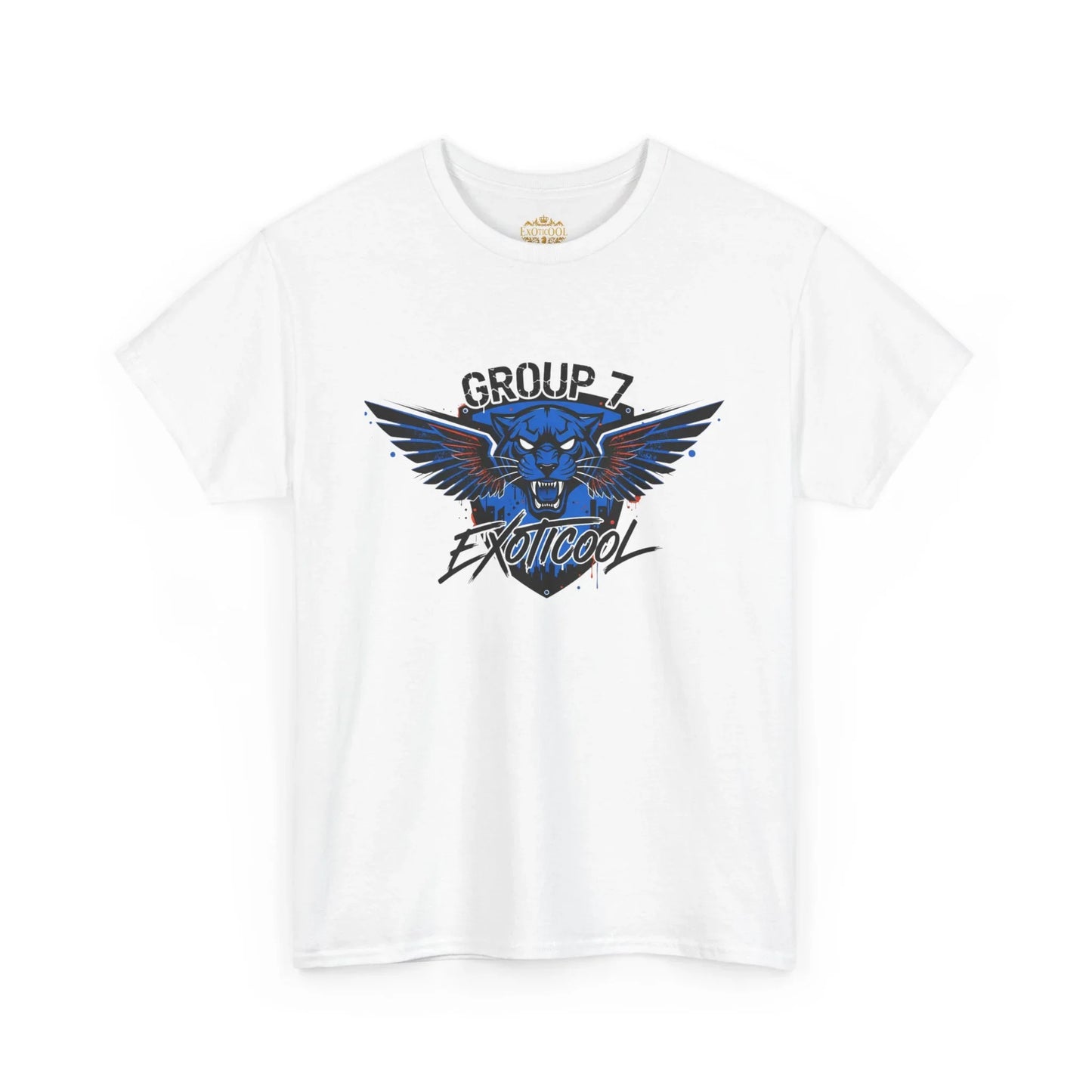White t-shirt with blue panther winged logo and 'Group 7 Exoticoool' text graphic