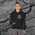 Model wearing the You Cannot License a Soul black cyberpunk graphic hoodie from the front