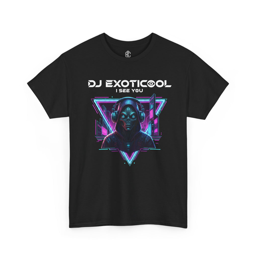 DJ Exoticool "I See You" Tee — Retro Cyberpunk Electronic Music T-Shirt Black