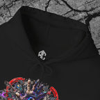 Close-up of The Future Does Not Need Permission hoodie collar, Exoticool inner label and detailed cyberpunk chest print