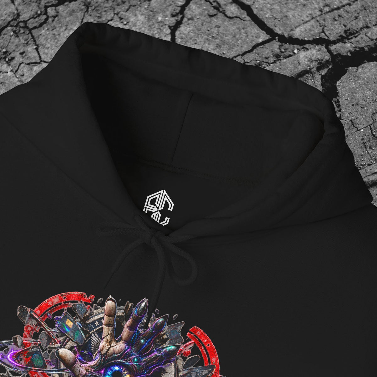 Close-up of The Future Does Not Need Permission hoodie collar, Exoticool inner label and detailed cyberpunk chest print