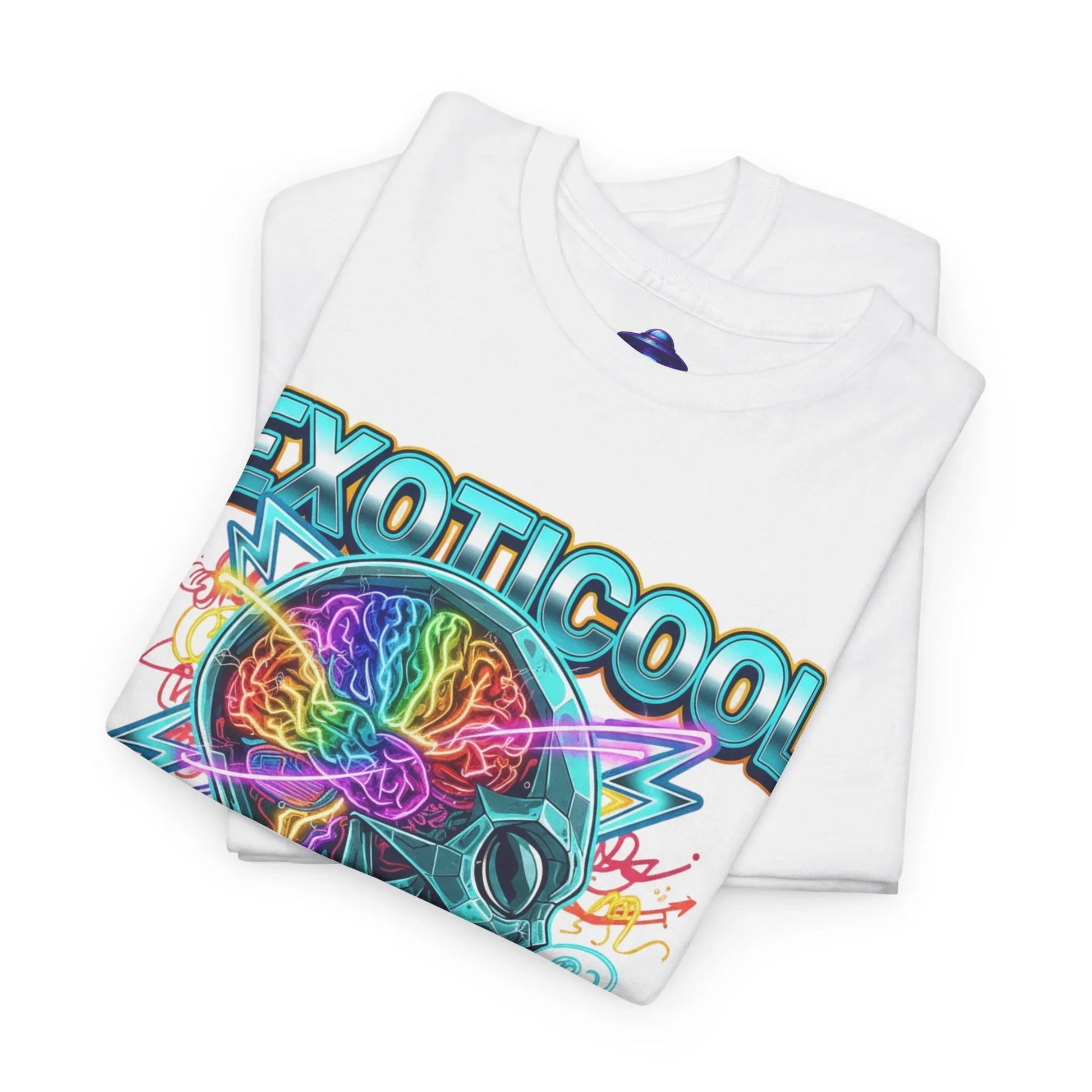 White t-shirt with colorful neon brain and robot helmet graphic, 'EXOTICOOL' text on front