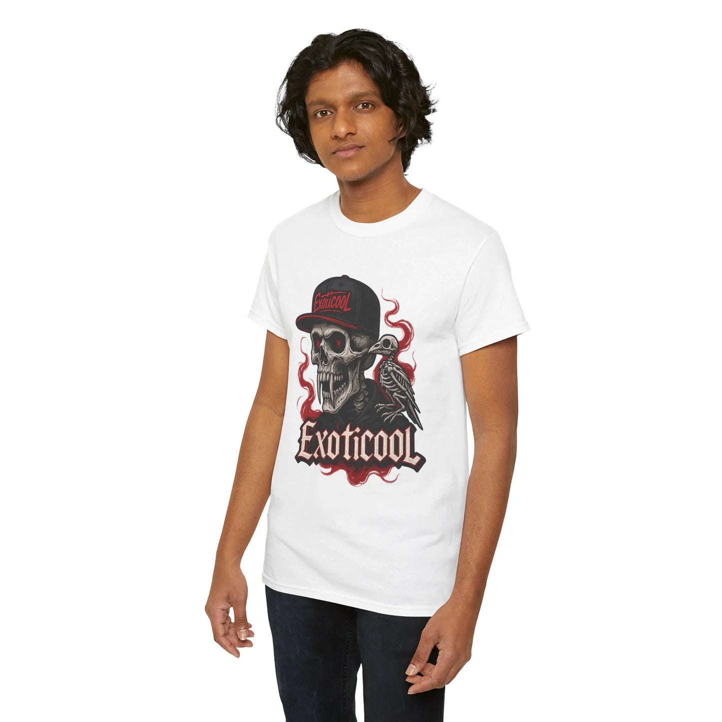 Man wearing white Exoticoool graphic T-shirt with skull and flames design