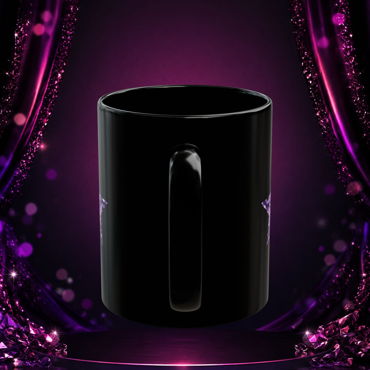 Back view of the glossy black Deseraè Stephens Janaè Purple Reign Glamour Mug against a purple sparkling backdrop
