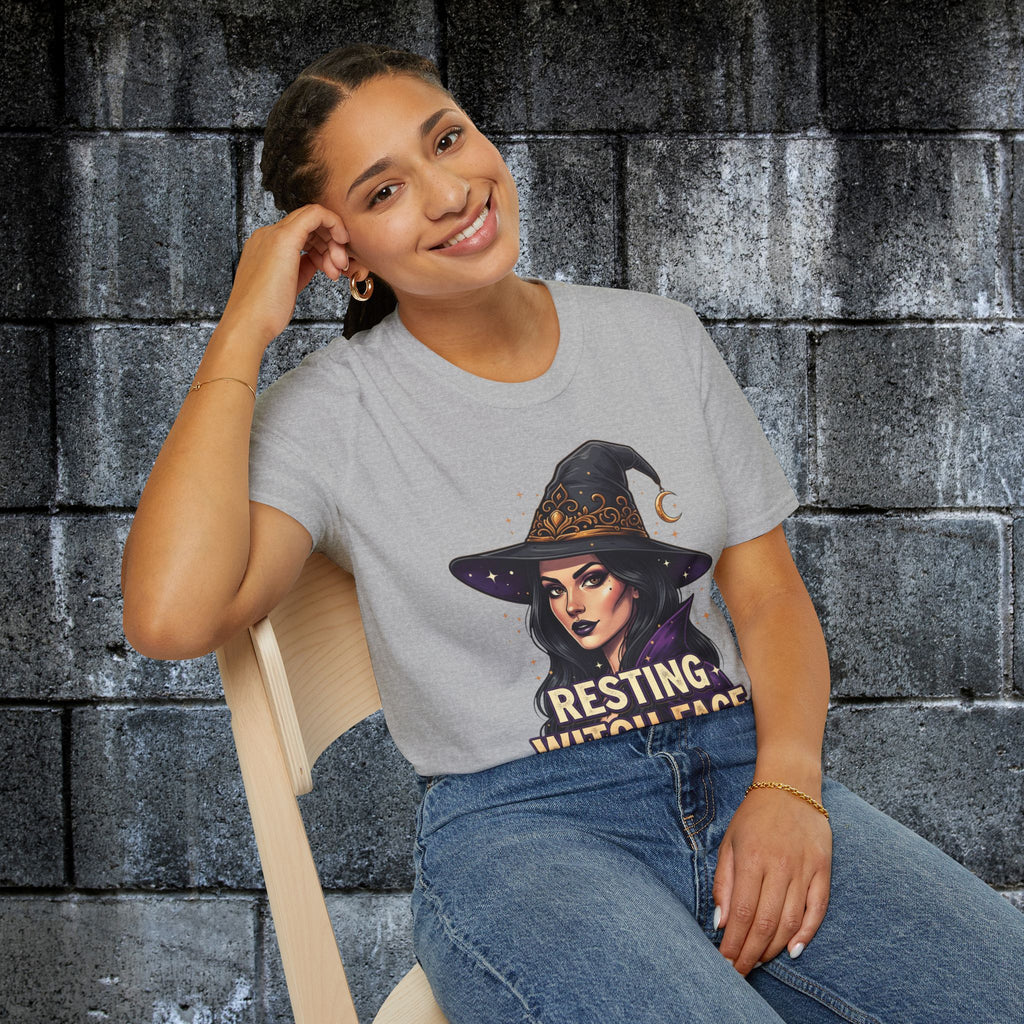 Model wearing the Resting Witch Face Halloween graphic tee in sport gray