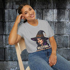 Model wearing the Resting Witch Face Halloween graphic tee in sport gray