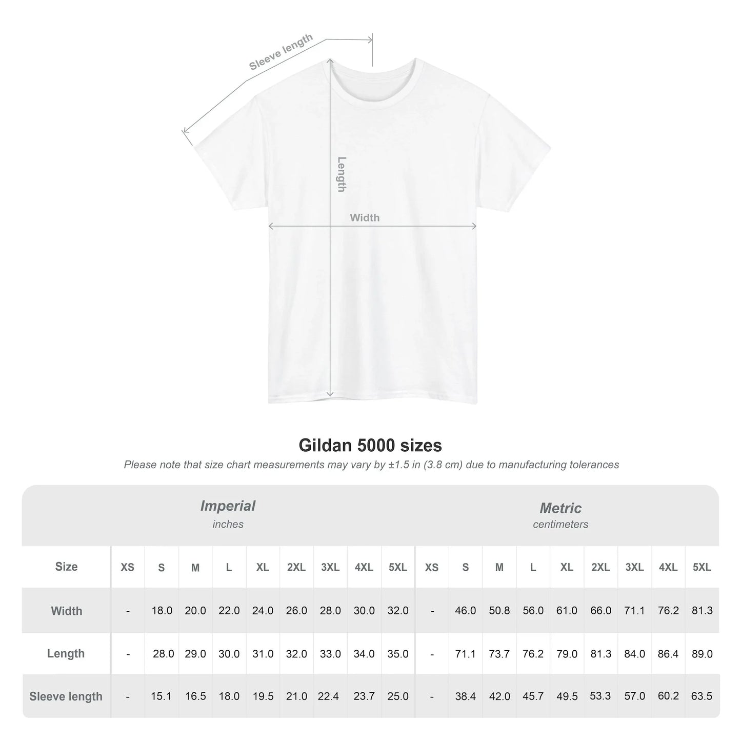 Gildan 5000 size chart with T-shirt measurement guide in inches and centimeters