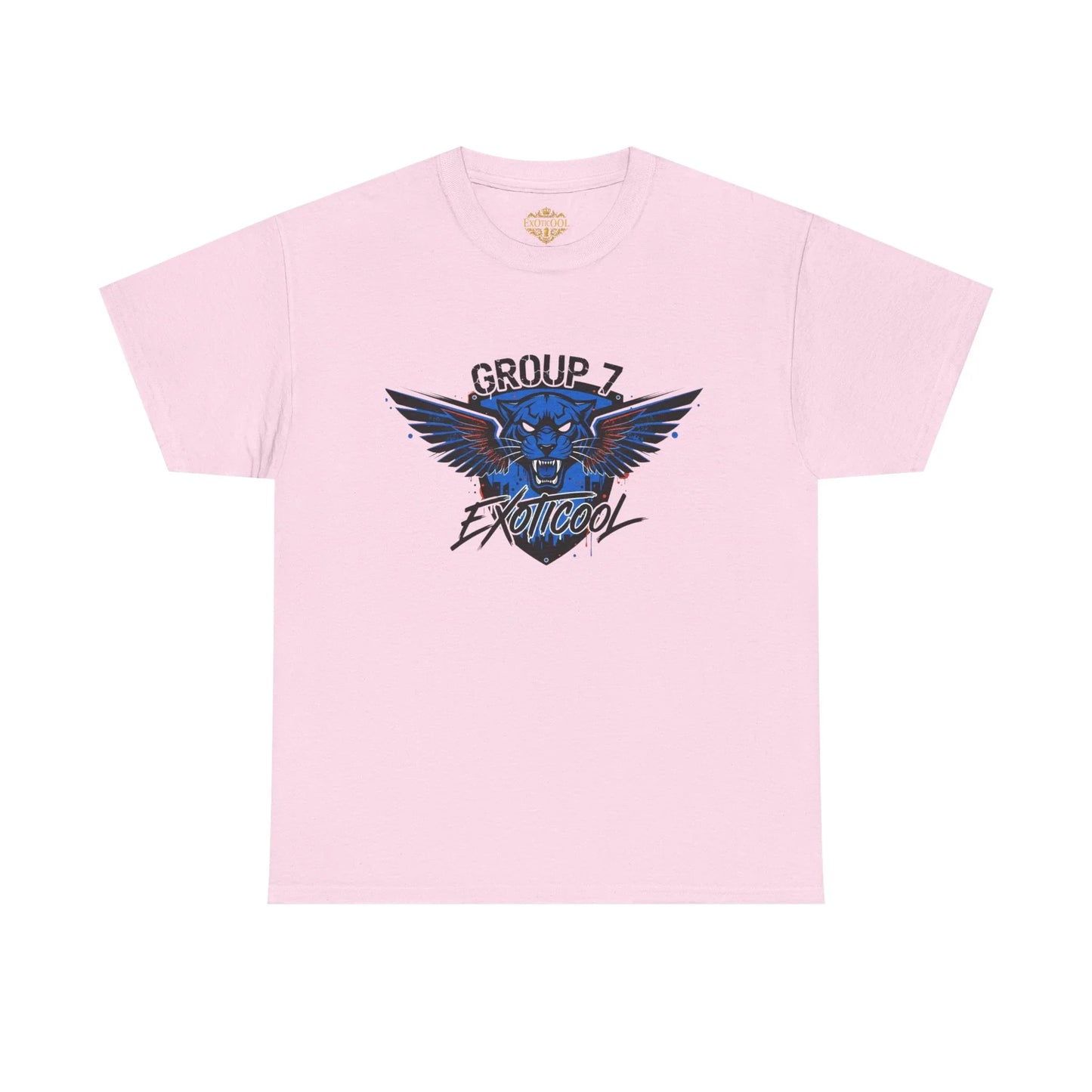 Light pink t-shirt with blue winged panther graphic and 'Group 7 ExoticooL' text