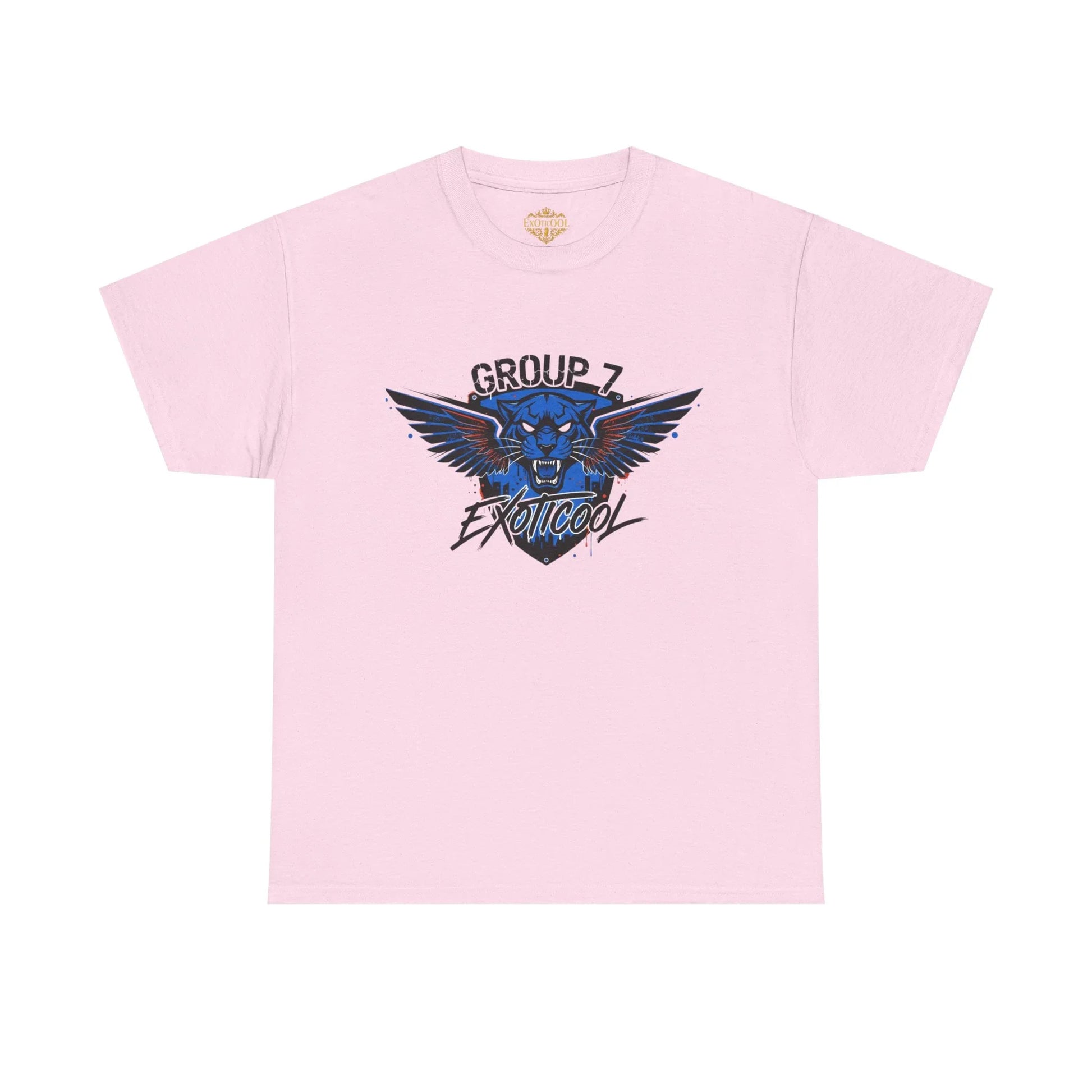 Light pink t-shirt with blue winged panther graphic and 'Group 7 ExoticooL' text