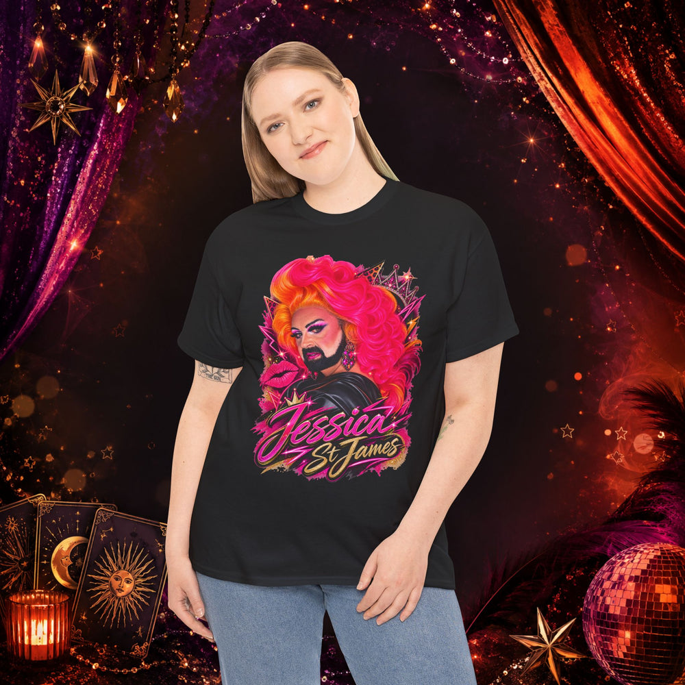 Model wearing the black Jessica St. James Glamour Portrait Tee against a dramatic red and purple stage backdrop