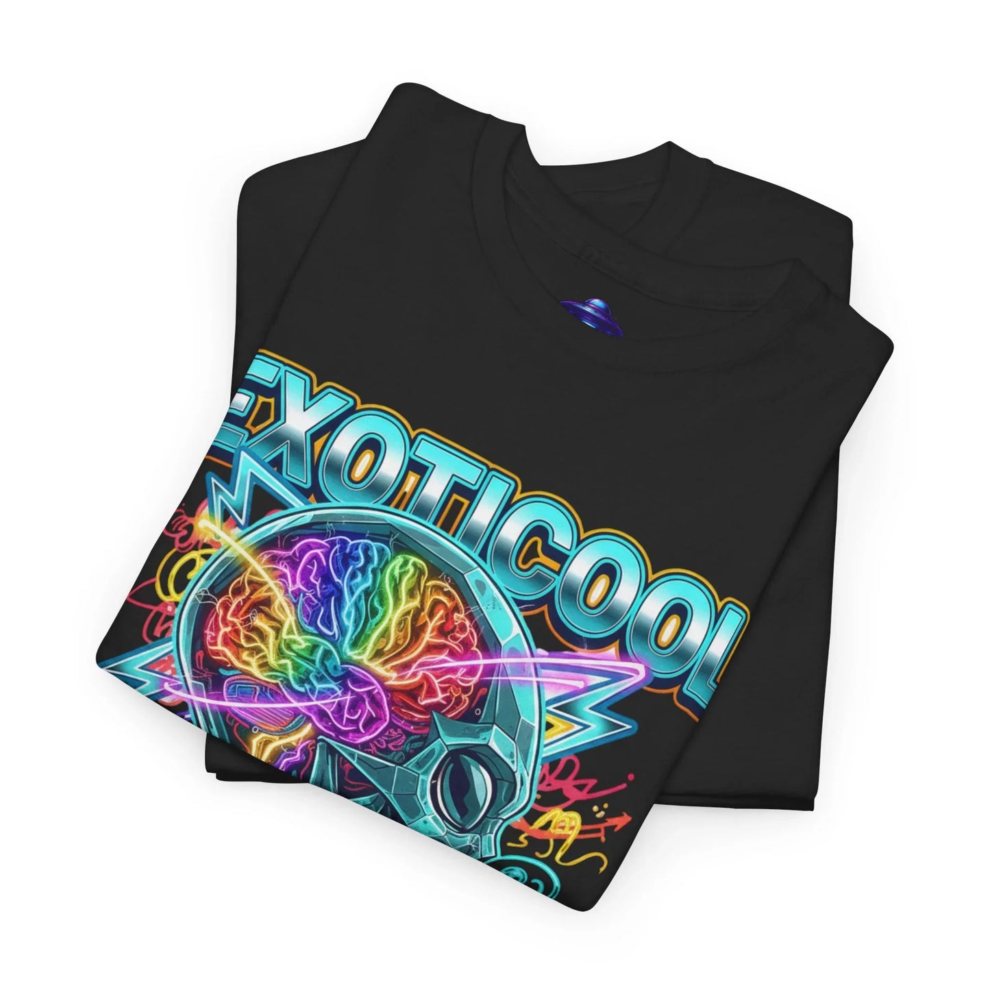 Black EXOTICOOL t-shirt with neon brain and astronaut helmet graphic