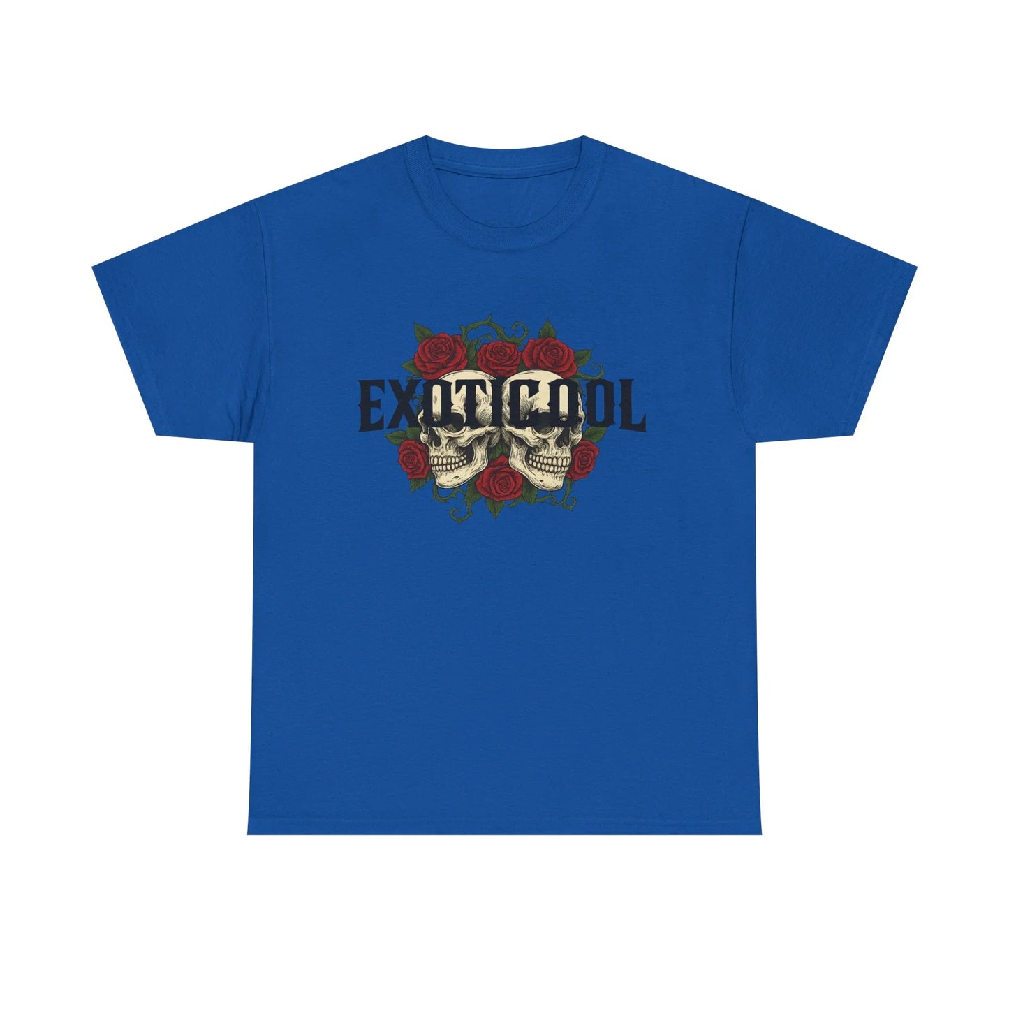 Blue t-shirt with skull and red roses graphic, EXOTICOOL text streetwear design