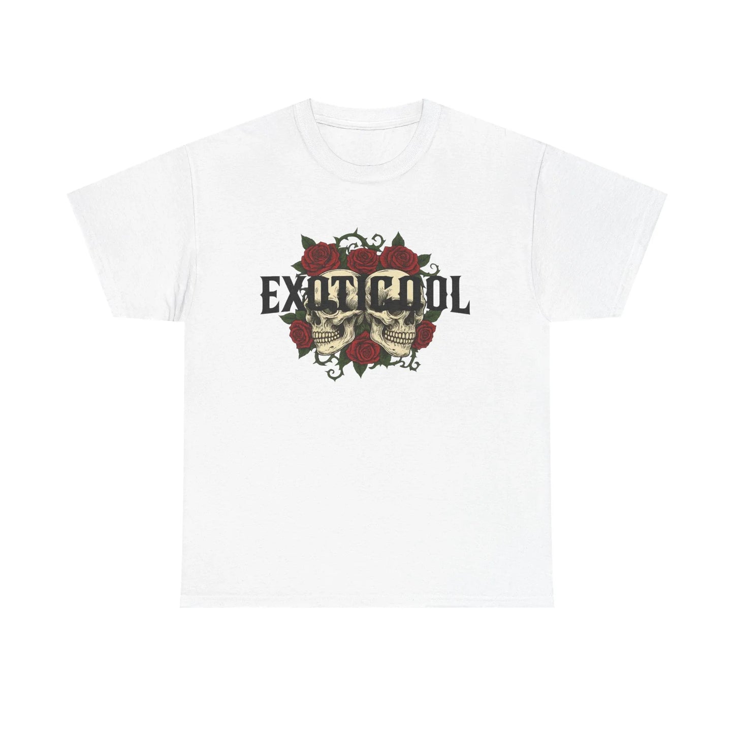 White t-shirt with skull and red rose graphic, EXIT COOL text, gothic streetwear design