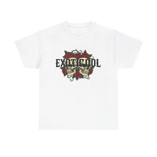 White t-shirt with skull and red rose graphic, EXIT COOL text, gothic streetwear design