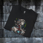 Angled close-up of the cracked marble, anatomical heart and cyan glitch artwork