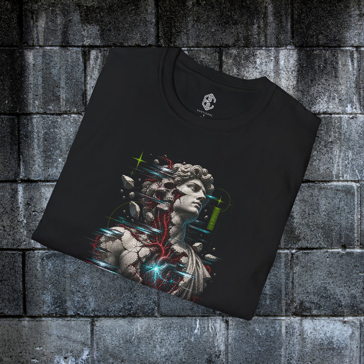 Angled close-up of the cracked marble, anatomical heart and cyan glitch artwork