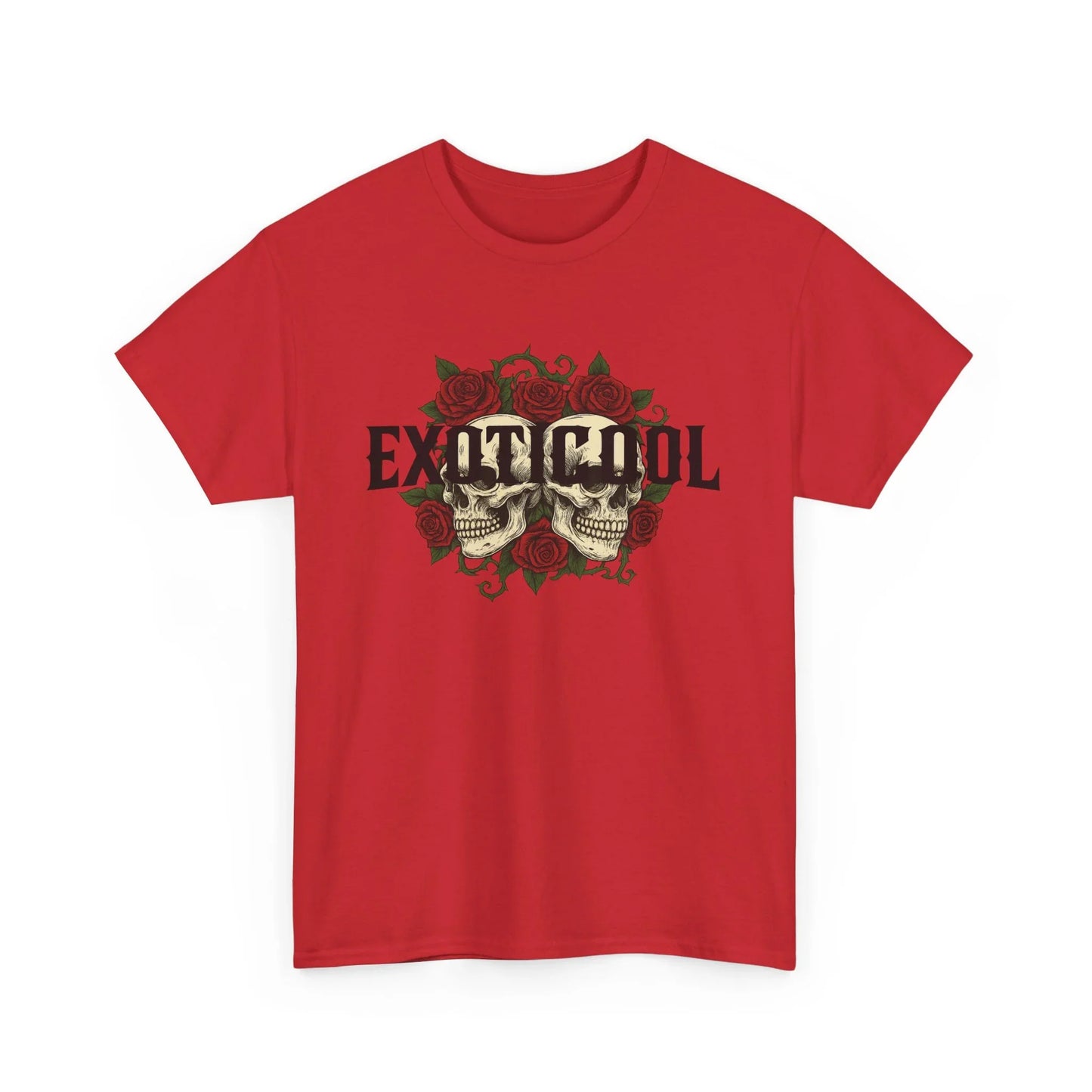Red t-shirt with skull and roses graphic and Exoticool text on front