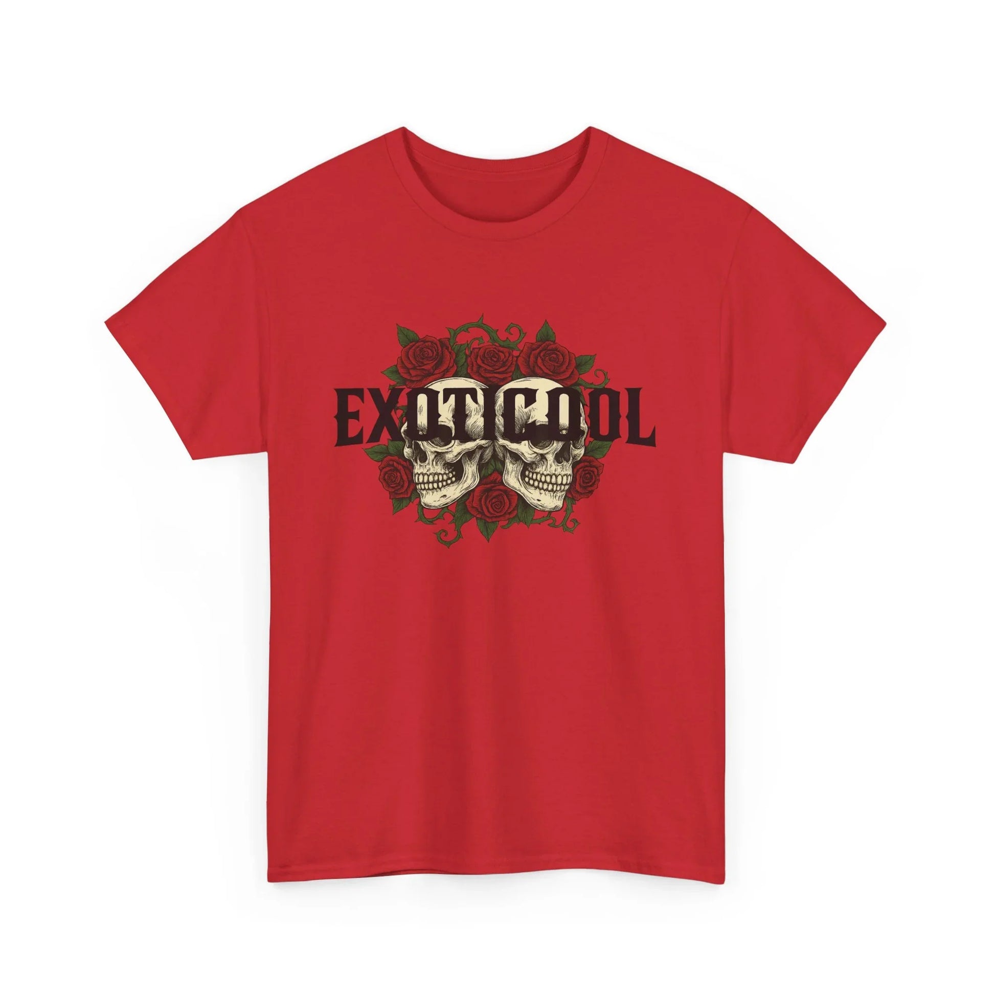 Red t-shirt with skull and roses graphic and Exoticool text on front
