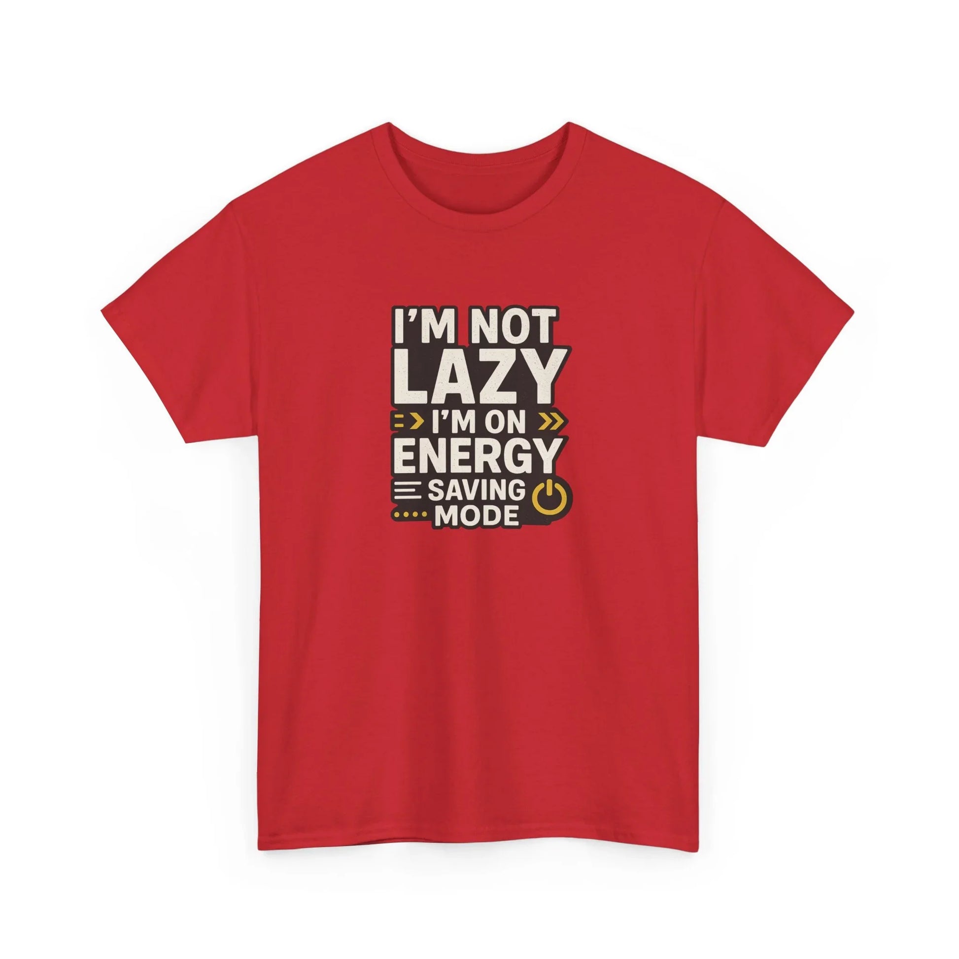 Red t-shirt with bold text 'I'm Not Lazy, I'm On Energy Saving Mode' graphic design