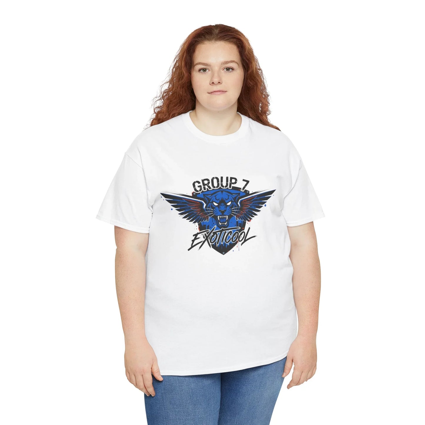 Woman wearing white Group 7 Exoticoool graphic t-shirt and blue jeans