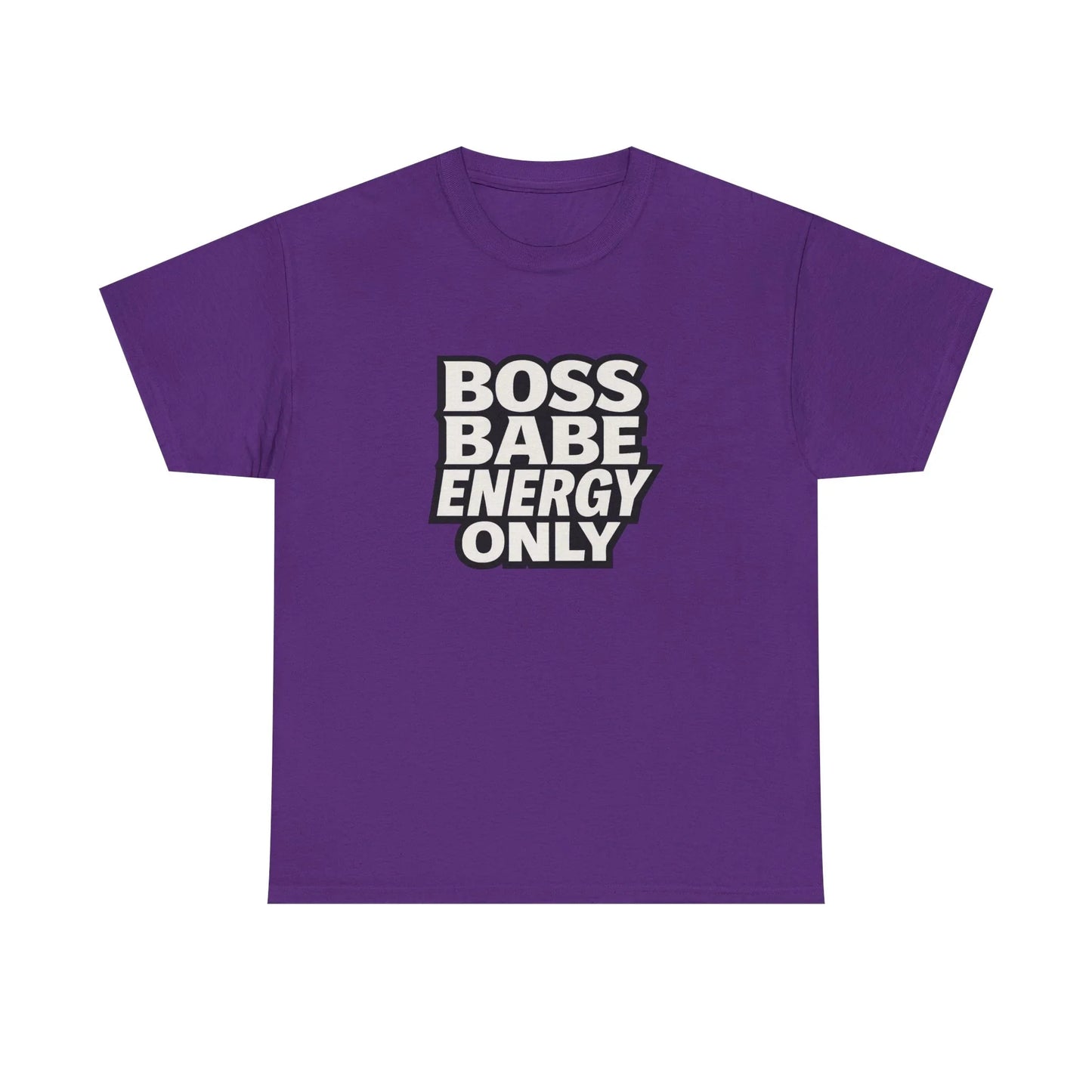 Purple t-shirt with bold white text Boss Babe Energy Only, motivational graphic tee