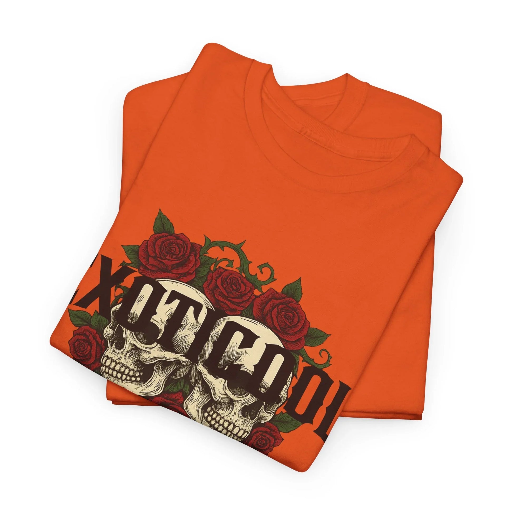 Orange graphic t-shirt with skulls, red roses, and bold Not Cool text design