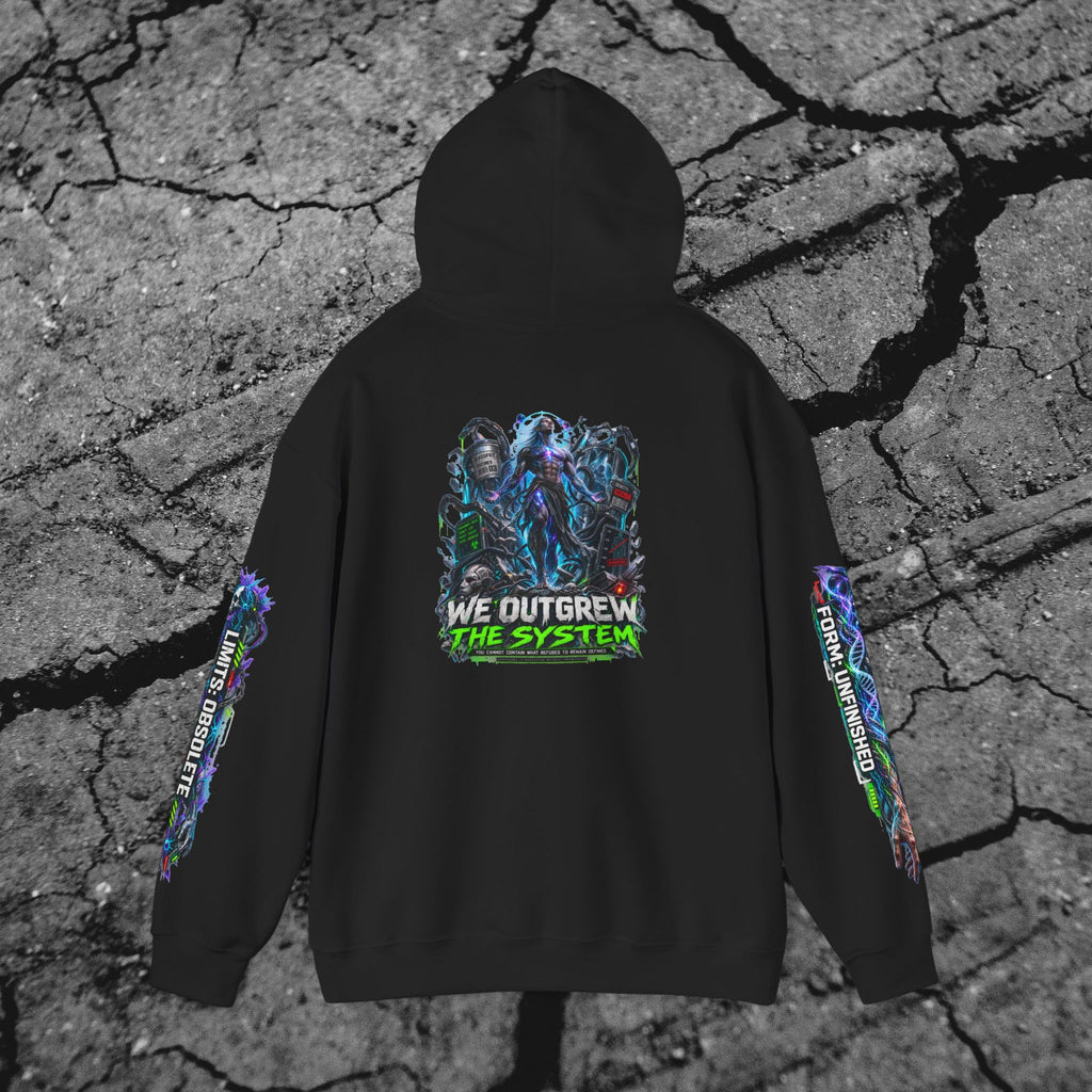 Back view of We Outgrew the System cyberpunk hoodie featuring the large evolved figure and We Outgrew the System artwork