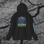 Back view of We Outgrew the System cyberpunk hoodie featuring the large evolved figure and We Outgrew the System artwork