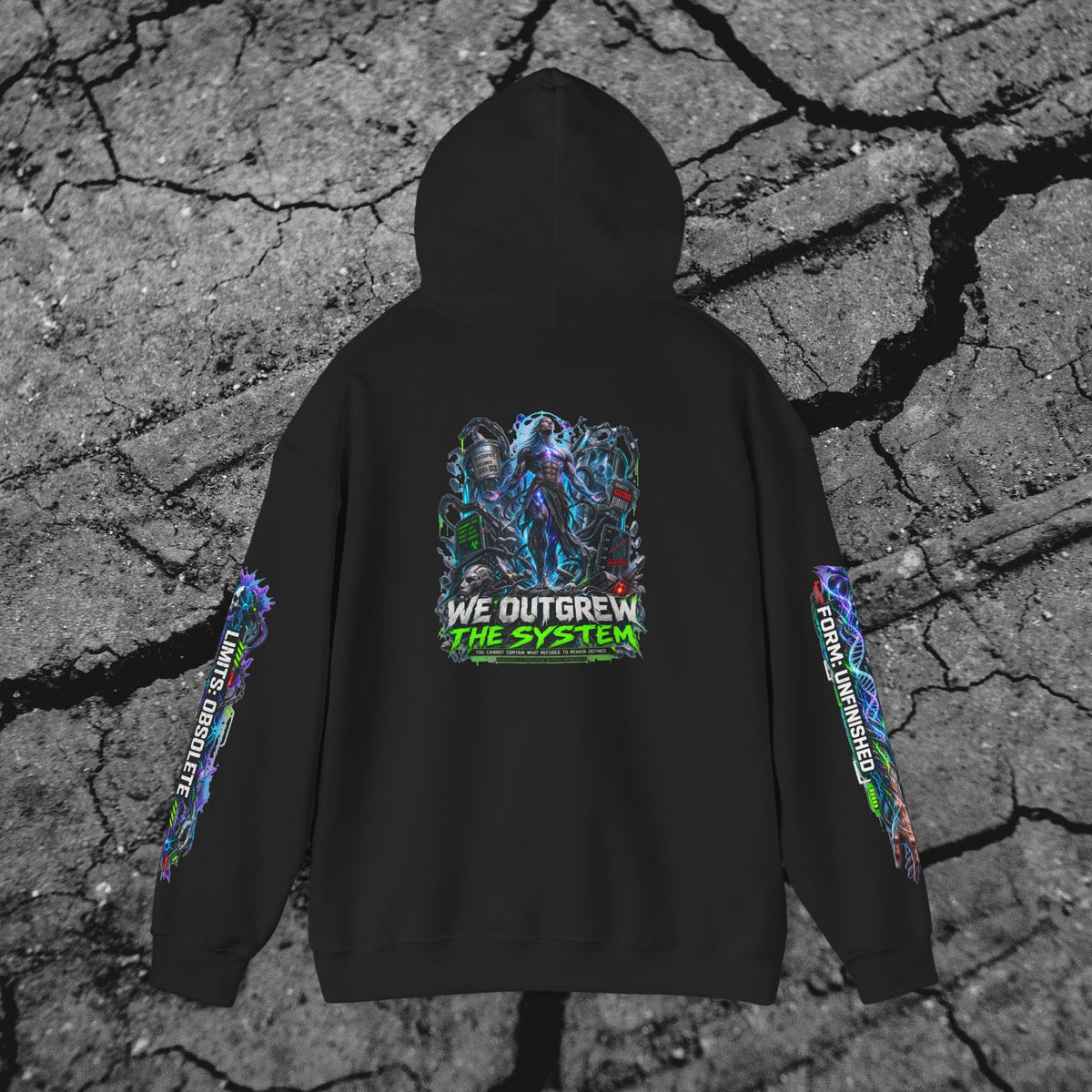 Back view of We Outgrew the System cyberpunk hoodie featuring the large evolved figure and We Outgrew the System artwork