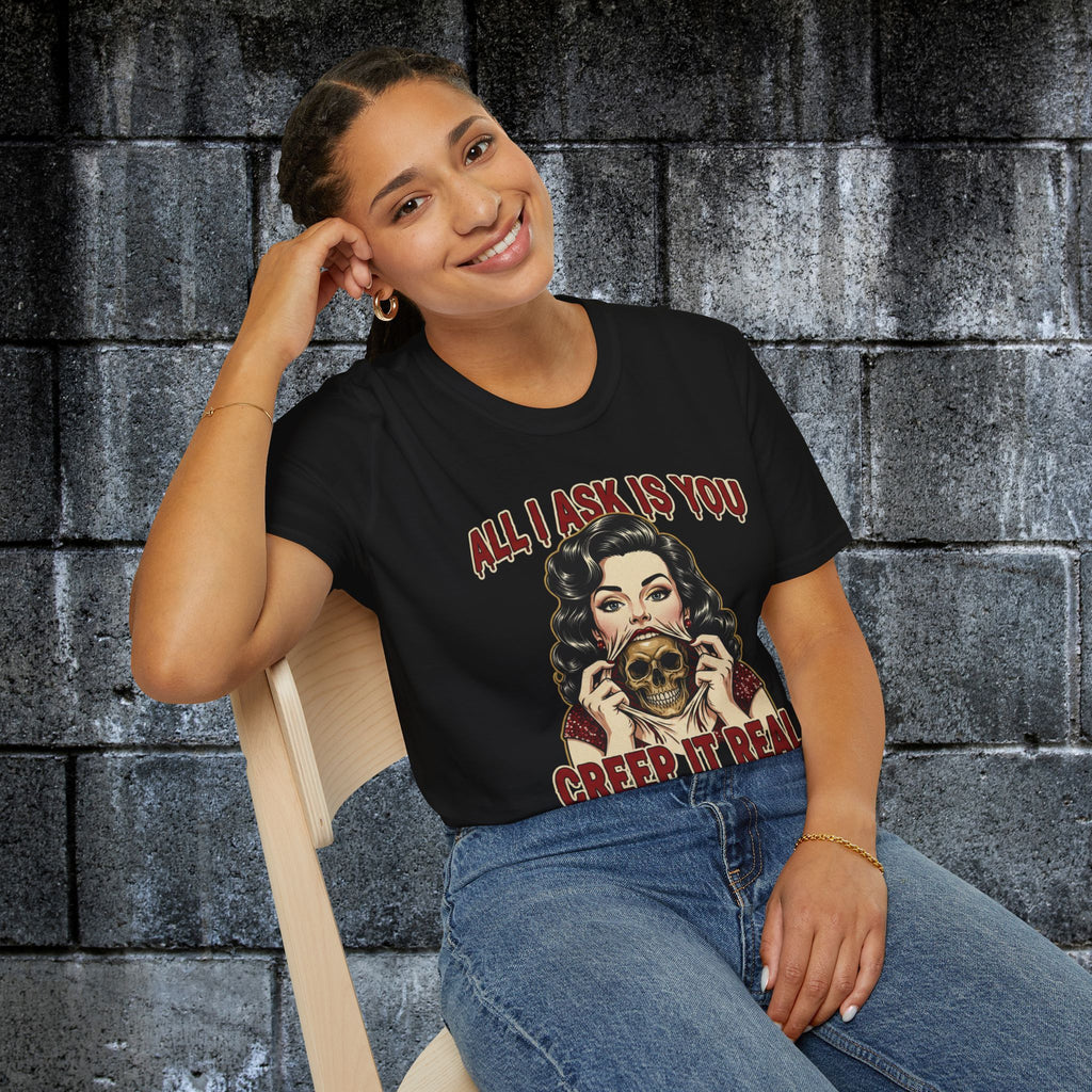 Model wearing the All I Ask Is You Creep It Real Halloween graphic tee in black