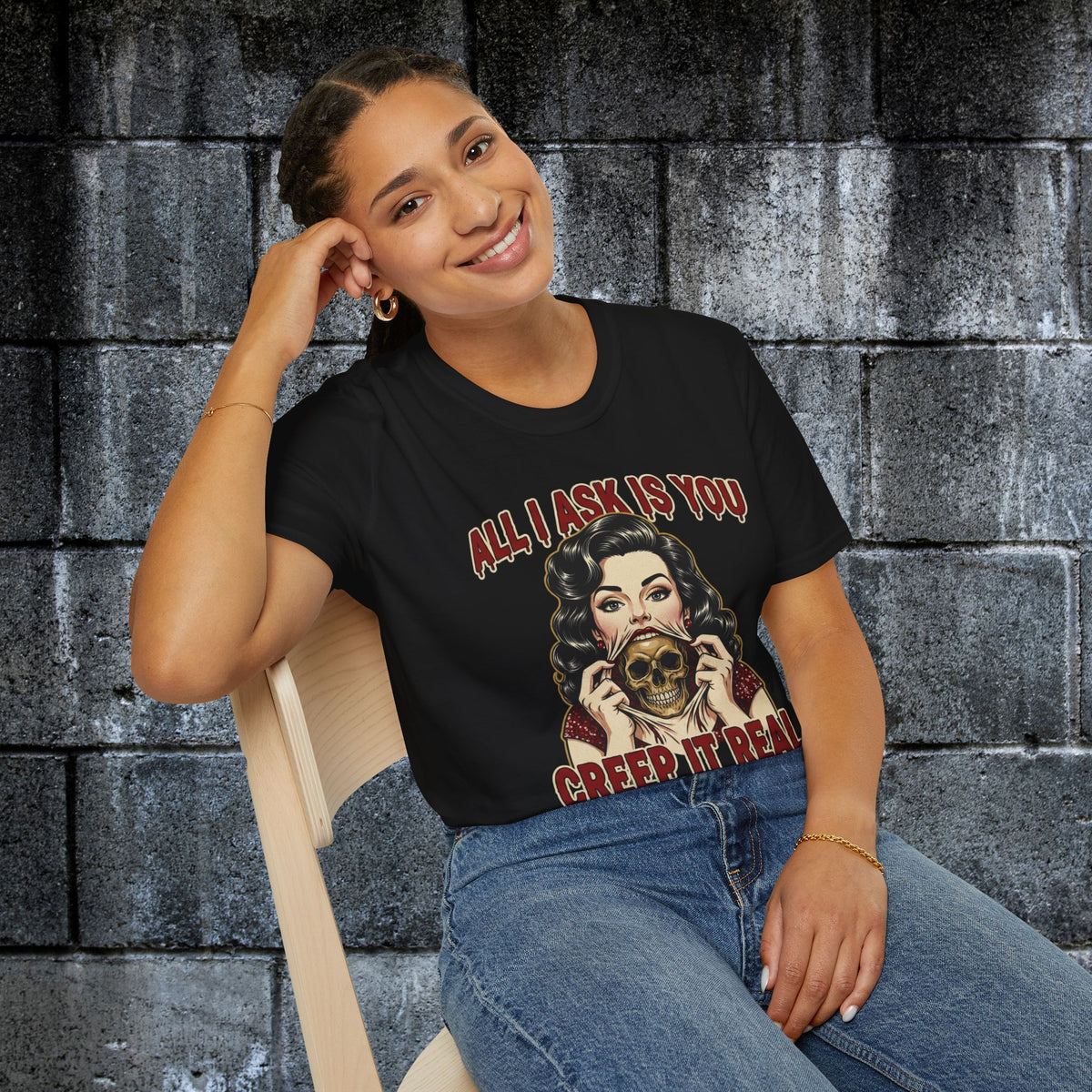 Model wearing the All I Ask Is You Creep It Real Halloween graphic tee in black