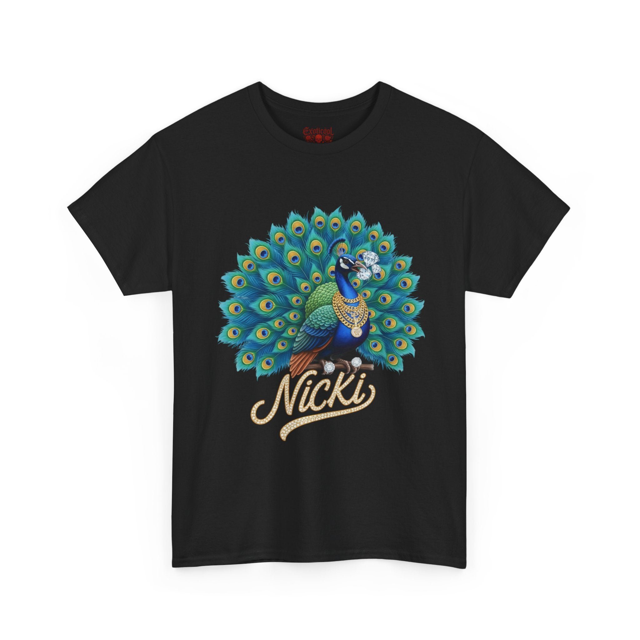 Peacock Pretty Pitbull Tee — Bold Peacock & ‘Nicki’ Graphic T-Shirt Black